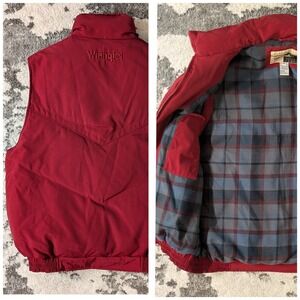 Wrangler Outerwear Men's M Puffer Vest Red Flannel‎ Down Vintage Cowboy Full Zip